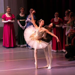 Cinderella and Prince Charming dancing at the ball in Gulf Coast Ballet Theater's full length Cinderella.